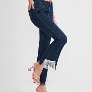 Shein size medium fringe hem dark blue jeans tassel ankle